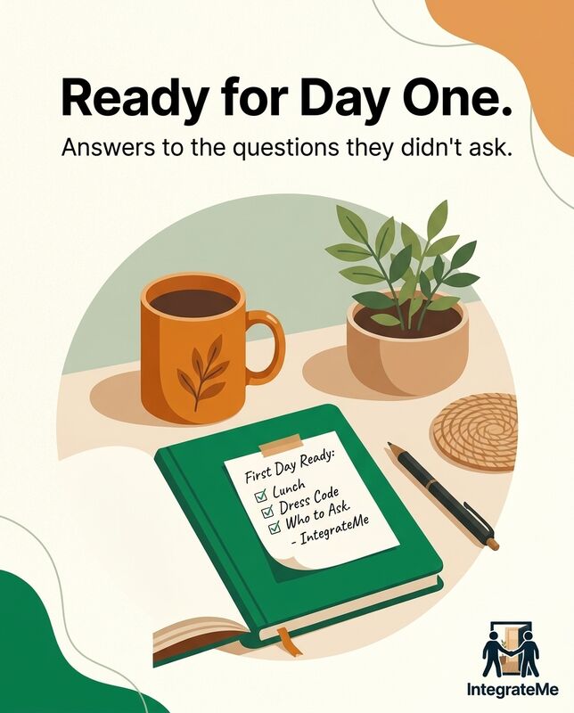 IntegrateMe post: “Ready for Day One. Answers to the questions they didn’t ask.” over an illustrated desk with a mug, a plant and a green notebook.