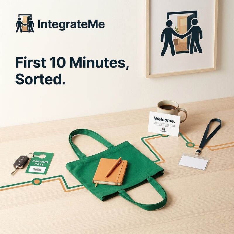 IntegrateMe post: “First 10 Minutes, Sorted.” above a desk laid out with a welcome card, lanyard, keys and a tote bag.